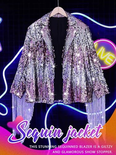 JAKAWIN Women's Sequin Fringe Jacket Coat Sparkly Long Sleeve Tassel Coat Night Club Disco Jackets2