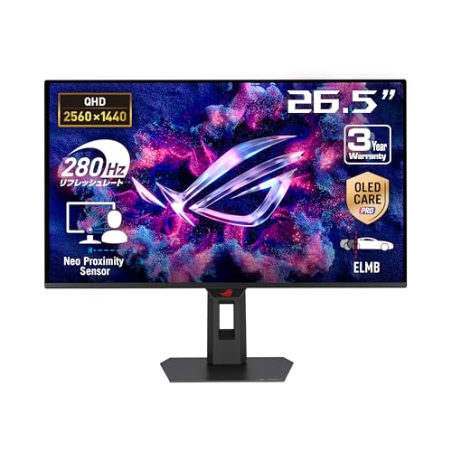 【Amazon.co.jp限定】 ASUSゲーミングモニター/ROG Strix OLED XG27ACDMS/26.5インチ/1440p/量子ドット有機ELパネル/280 Hz/0.03 ms/カスタムヒートシンク/Neo Proximity Sensor/ASUS OLED Care Pro/均一輝度/G-SYNC対応/99% DCI-P3/DisplayWidget Center/国内正規品