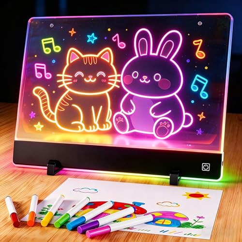 LGMCF LED Drawing Board for Kids 1500mAh Rechargeable Note Board with 4-Color Light Modes & 7 Markers 35x26CM Neon Art Dry Erase Light Up Drawing Pad with Stand & Hanging Chain for Birthday Gifts