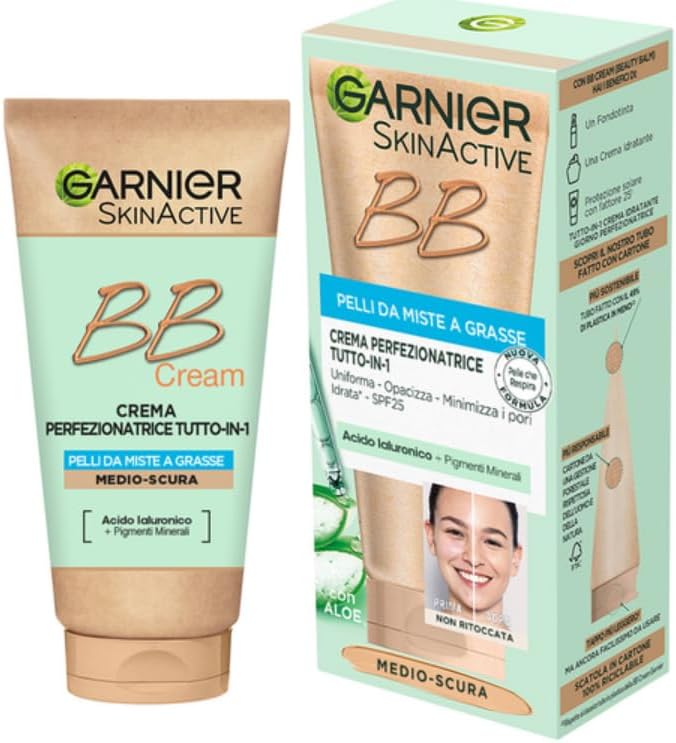 Garnier BB Cream Mattifying SkinActive, for an even and matte skin, natural look, enriched with hyaluronic acid, aloe vera and mineral pigments, SPF 25, shades: Medium dark