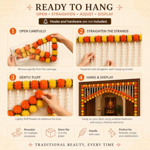 Image of Tia Crafts Artificial Marigold Jasmine Door Toran for Main Door Entrance, Flower Bandhanwar Door Hanging for Home Decoration, Pooja, Diwali, Ganpati, Wedding, Housewarming, Reusable Festive Decor