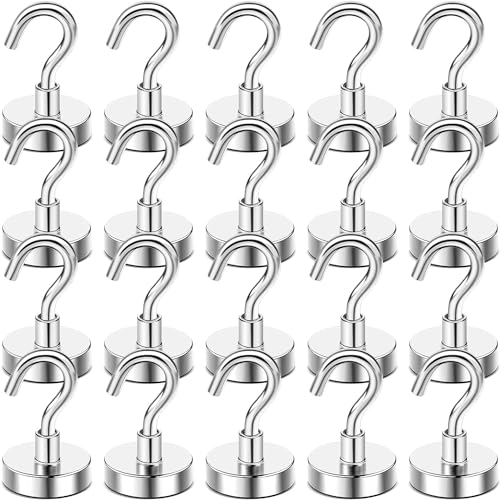 THJOPOKEEL 25 lb+ Heavy Duty Earth Magnets with Hook for Hanging, Neodymium Earth Magnets with Hook for Hanging, Metal Hanger for Fridge, Toolbox, Storage, 20Pack