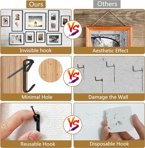 Image of 50 Pack Picture Hanging Hooks with Nails Kits Black Photo Frame Hook 50LB