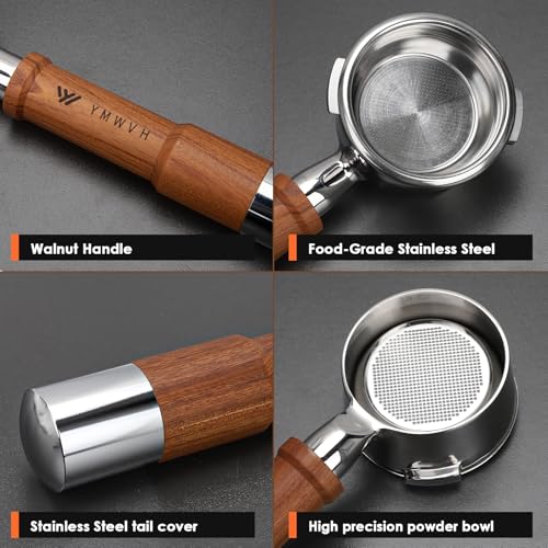Image of 58 mm Bottomless Portafilter with 2 Ears, Not Suitable with E61 Group Heads, YMWVH Portafilter 58 mm Compatible with Gaggia Espresso Machines, with Puck Screen & Portafilter Filter Baske, Walnut
