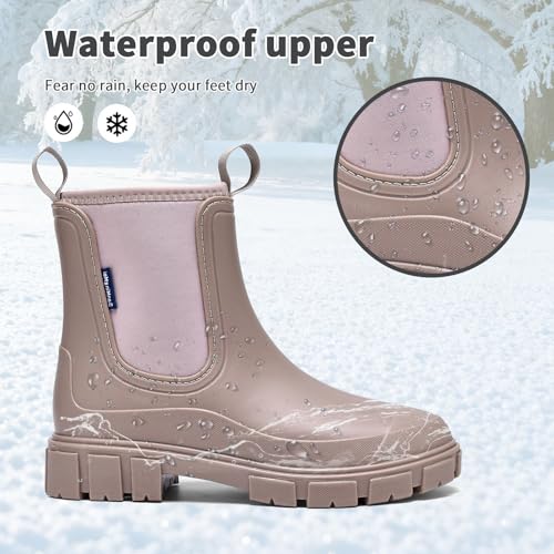 GemChve Gummistiefel Damen Winter, Chelsea Boots Gefüttert Wasserdicht, Gummistiefeletten Halbhohe Gartenschuhe, Rutschsicher Regenschuhe, Abriebfest Komfort Schlupfstiefel Brown 41 EU