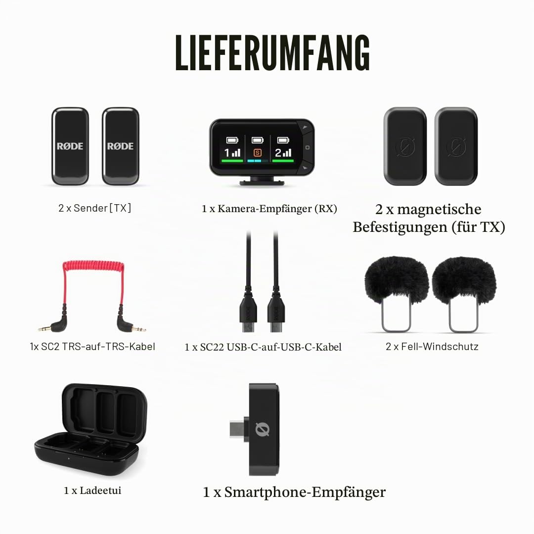 RØDE Wireless Micro Kompaktes kabelloses Mikrofon-Kamerakit Zwei Mikrofone Kamerareceiver Smartphone-Receiver Ladecase USB-C Schwarz
