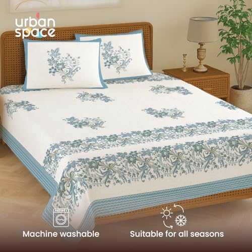 Image of Urban Space 100% Cotton Jaipuri Handblock Printed King Bedsheet with 2 Pillow Covers, 200 TC Cotton King Bed Sheet (Size 108 x 108 inches, Taarini Blue)