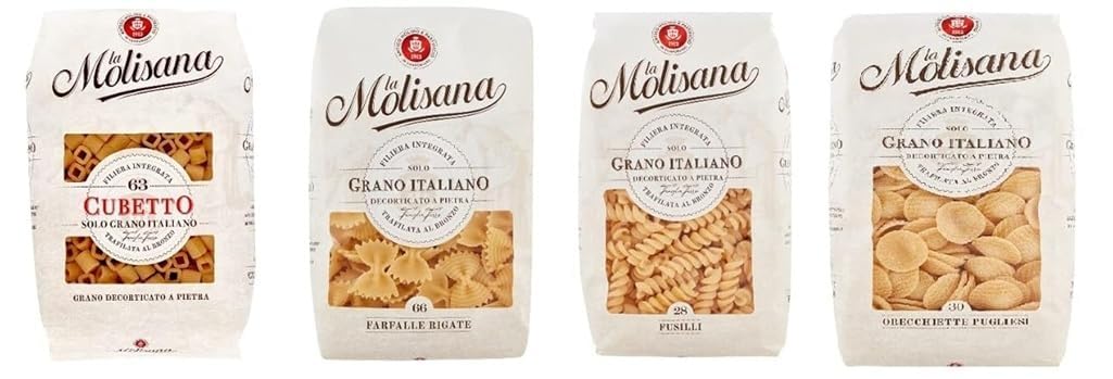 La Molisana Pasta Mix 16×500 g (2×Cubetto, 2×Farfalle Rigate, 2×Fusilli, 2×Orecchiette, 2×Penne Rigate, 2×Rigacuore, 2×Rigatoni, 2×Sedani) – italienische Hartweizenpasta + Italian Gourmet polpa