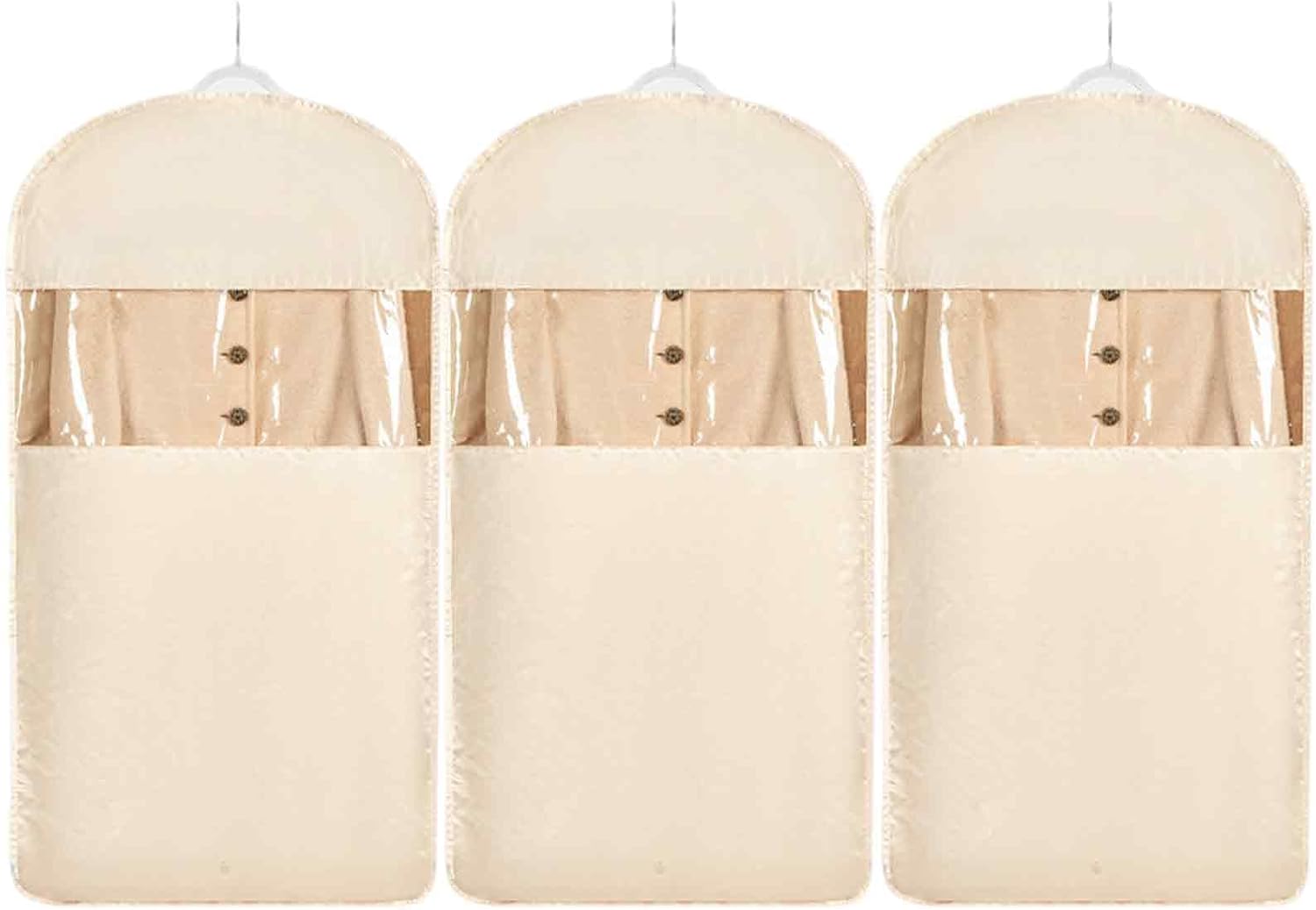 Space Saving Hanging Garment Bag with Self Compression Zipper，Dust Cover Clothes Bags for Down Coat,Dress,Suit，Closet Storage Organizer for Home Travel Use (Beige, L)