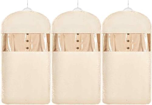 e Saving Hanging Garment Bag with Self Compression Zipper,Dust Cover Clothes Bags for Down Coat,Dress,Suit,Closet Storage Organizer for Home Travel Use (Beige, L)
