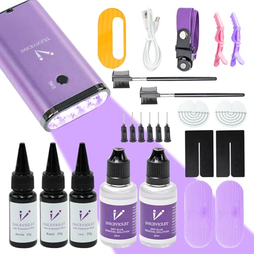 V Light Hair Extensions Kit Complete Professional Set with V-Light Machine Remover Glue 20ml x3 & Remover Solution 20ml x2 Seamless Natural Hair Extensions for Volume & Length (Purple)