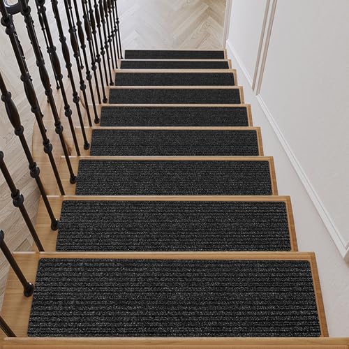 QIEERXI 15 PCS Stair Tread Pads Non-Slip Wooden Step Protectors - 20 x 76cm Stair Carpet Treads Reusable Stair Runner Rugs Carpet Covers for Indoor, Wooden Steps, Home, Pets, Kids & Elders (Black)