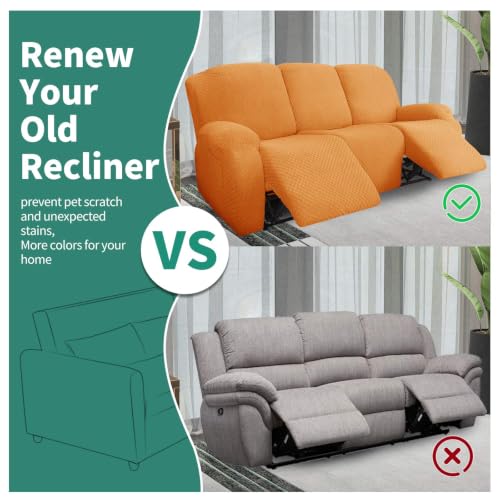Image of YEMYHOM 8 Pieces Stretch Recliner Sofa Cover Jacquard Reclining Couch Cover with Side Pocket Anti-Slip Fitted 3 Cushion Furniture Slipcovers with Elastic Bottom (Sofa Recliner, Orange)
