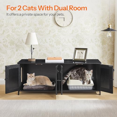 Image of HOOBRO Cat Litter Box Enclosure for 2 Cats, Hidden Litter Box Furniture, 47.2 x 17.7 x 19.7 Inches, Wooden TV Stand with Dual Room, Large Cat House for 2 Cats, Black BK32MW01G1