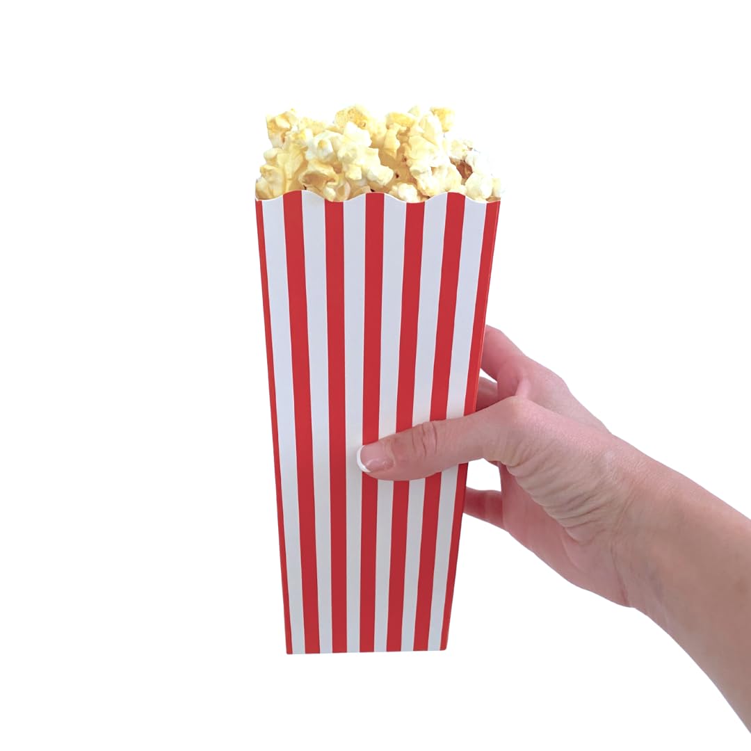 100 Pack Popcorn Box Disposable Container, 7.75 Inches tall, Cardboard Red and White Striped Popcorn Box, Parties, Movie Night, Snack
