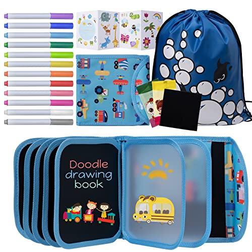 Erasable Drawing Pad, 8inch Plane Activities for Kids, Blue Car Travel Toys Doodle Book for Kids 3 4 5 6 7 8 Year Old Boy Girl Birthday Gifts, 14 Pages for Magic Drawing with 12 Marker