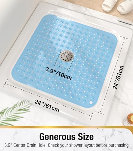 Image of HITSLAM Shower Bathtub Mat Non Slip, 24 inchx 24 inch Bath Mat for Tub, Soft PVC Shower Mats for Inside Shower with Suction Cups and Center Drain Hole, Machine Washable Bathroom Floor Mat, Blue