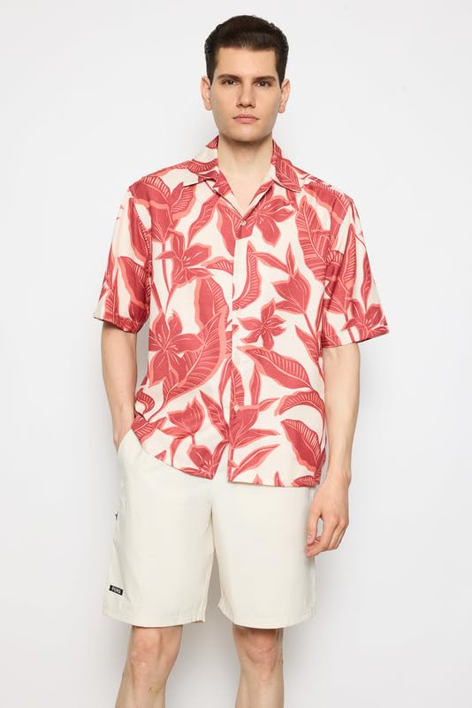 Image of FREAKINS Comfortable & Stylish Red Flower Resort Shirt for Men -The Ultimate Fashion Essential for Any Occasion