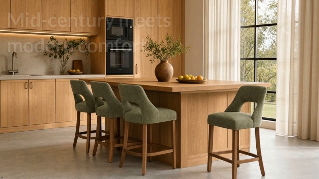 Butacos de altura para barra, juego de 4, modernos tapizados con respaldo y patas de madera para isla de cocina, comedor o bar, color verde miniatura 7