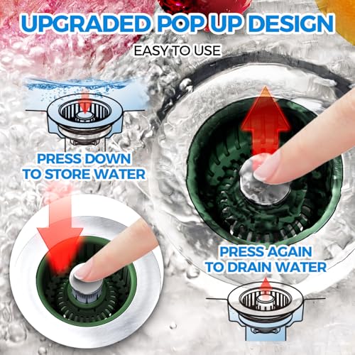 Upgraded 3in1 Kitchen Sink Drain Strainer & Sink Stopper, Stainless Steel Kitchen Drain Plug & Cover with Anti-Clogging Basket Strainer, Fit US Standard 3-1/2'' Sink Drain Hole, OliveGreen