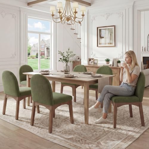 HNY Mid Century Modern Dining Chairs Set of 6, Chenille Upholstered Dining Room Chairs Armless Kitchen Chairs with Solid Rubberwood Legs, Accent Side Chairs for Living Room, Green