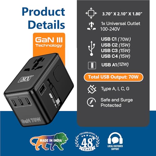 Image of MX GaN 70W Universal Travel Adapter with Retractable 54cm USB-C Cable, 3 USB-C Ports & 1 A Port, 1 Universal Socket, 6-in-1 Fast Charging International Adapter, Type A /C /G /I Output 200+ Countries