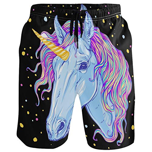 visesunny Men's Beach Short Swim Trunks Unicorn Colorful Dot Black Pattern Sports Running Bathing Suits