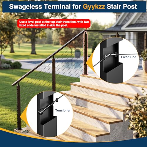 Image of Patented 1 /8 inch Swageless Invisible Cable Railing Kit Hardware for Stair Cable Railing System (Black, Terminal & Fixed End-24 Pack)