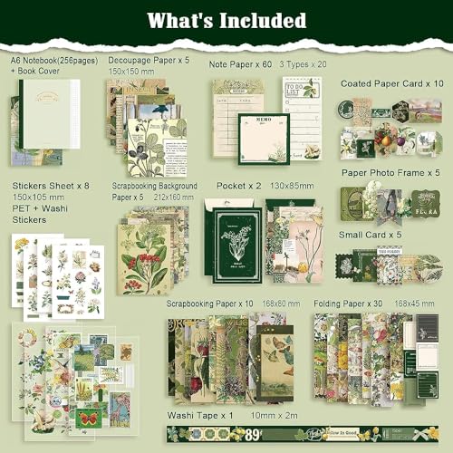 Image of MGNLR Vintage Aesthetic Scrapbook Kit(346Pcs) Scrapbooking Supplies Kit with Bullet Junk Journal,Stationery,A6 Grid Notebook Journaling Gift for Girl (Botanical Scrapbook), Paper