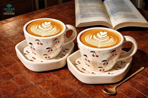 Image of OCEAN STORE Ceramic Cherry Print Tea Cup with Saucer 250 ml | Aesthetic Coffee Cup Set | Cute Printed Ceramic Mug | Glossy Finish Cup for Home, Office & Cafe (2)