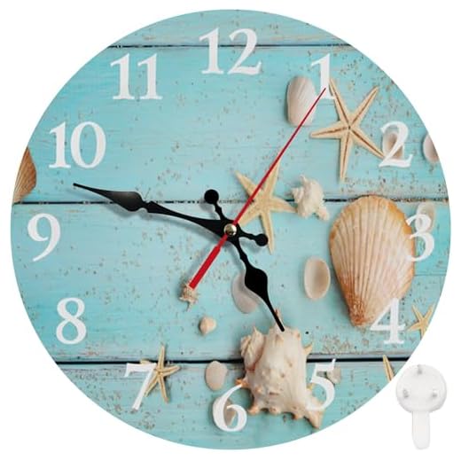 Britimes Round Wall Clock, Silent Non-Ticking Battery Operated Clock 10 Inch, Decor for Bathroom, Bedroom, Kitchen, Office or School Summer Beach Seashell