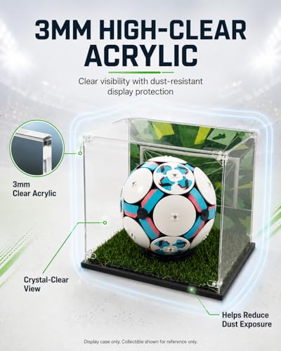 Image of Acrylic Display Case Compatible with LEGO Editions Soccer Ball, 10.5 inch Clear Display Box with Soccer-Themed Background & Artificial Turf, Dust-Resistant Acrylic Showcase for Soccer Ball