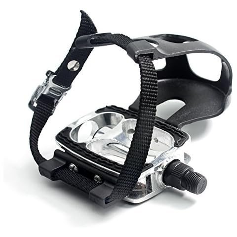 DRBIKE Bike Pedals with Toe Clip Cage and Straps for Indoor Bike and Outdoor Bicycles 9/16-Inch Spindle Alloy Bicycle Pedals Replacement for Stationary Bike 1 Pair Cover