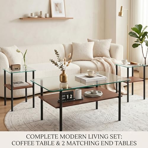 Image of Glass Coffee Table Set of 3 Piece, Living Room Tables Set of 3 Pcs, Including 1 Coffee Table and 2 End Side Tables, Metal Frame, Tempered Glass, for Small Space, Apartment