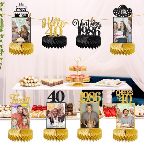Image of Eucutur 8Pcs 40th Birthday Decorations Honeycomb Centerpieces for Women Men, Black Gold Vintage 1986 40th Bday Photo Table Centerpieces Party Supplies, Glitter Cheers to 40 Year Old Bday Table Topper