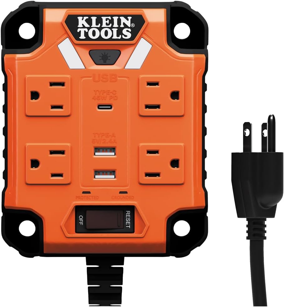 Klein Tools 29601 Magnetic Power Strip with Surge Protector, 4 Outlets, 3 USB Ports, 5-Foot Cord, Power Supply Box with Light, PowerBox 1