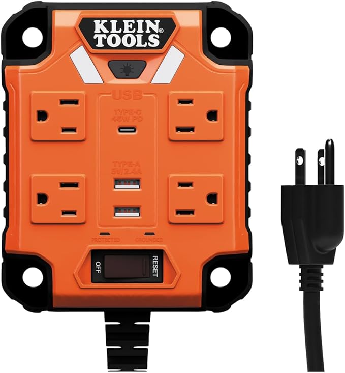 Klein Tools 29601 Magnetic Power Strip with Surge Protector, Extension Cord, 4 Outlets, 3 USB Ports, 5-Foot Cord, Power Supply Box with Light, PowerBox 1, Heavy Duty