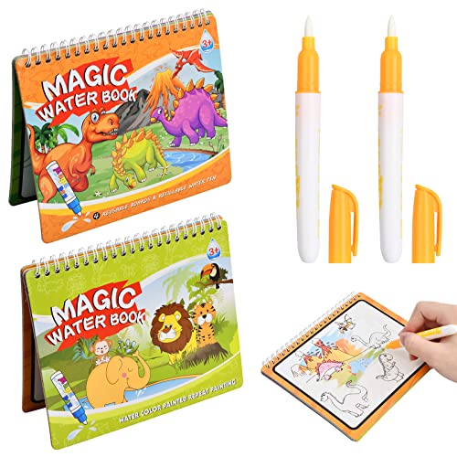 Pinsheng 2 Pièces Livre de Dessin Magique de L'eau, Livre de Coloriage à L’eau à Enfant avec Stylo Réutilisable, Dinosaures et Animaux Jouets de Peinture de Griffonnage pour Enfants 3 Ans Plus Cover