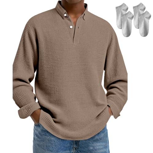 Mokaloha Men's Simple Solid Color Waffle Lapel Long Sleeve Polo Shirt Knit Sweater Collared Shirts