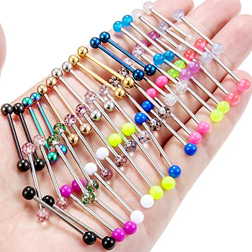 Ftovosyo 48Pcs 14G 19Mm Tongue Rings Nipple Straight Barbells Surgical Steel Nipplerings Bar Body Piercing Jewelry For Women Men Silver-Tone Rose Gold Black Glow In The Dark Ball #TOP2
