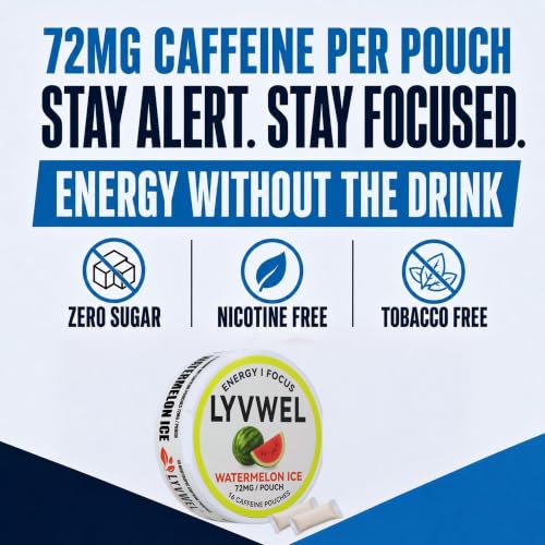 Image of LyvWel 72mg Caffeine Energy Pouches - Watermelon - Juicy, Refreshing Energy with Guarana - 5-Pack (80 Total Pouches)