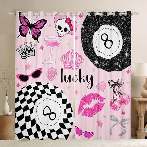 Homewish Cortinas geométricas a cuadros de la suerte con 8 bolas, 66 x 90 pulgadas, juego de 2 paneles, color negro y rosa, cortinas opacas de moda a cuadros cuadrados para ventana, labios sexys para