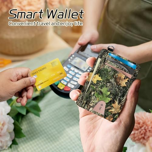 Image of Small Travel Wallets, Camo Tree Leaf Slim Minimalist Front Pocket Wallet with Wristlet, RFID Blocking PU Leather Credit Card Holder with ID Window Change Purse for Men Women