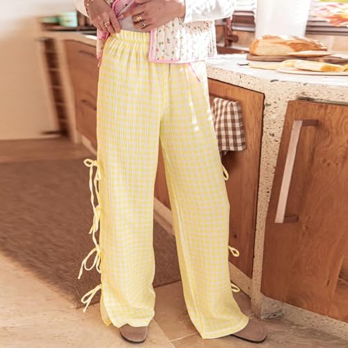 Image of Y2K Gingham Pants for Women Bow Tie Side Slit Wide Leg Lounge Bottom Plaid Checkered Loose Fit Going Out Pants