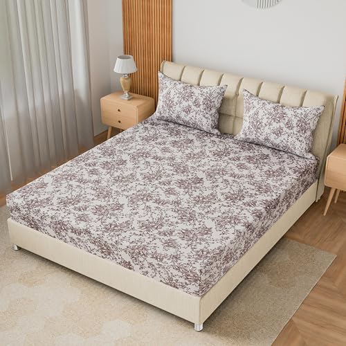Image of LINENWALAS 100% Cotton 200 TC Queen Fitted Sheet with 2 Pillow Covers | 360 Elastic Bedsheet with 4-8 inch Deep Pocket - Soft Breathable Bedding (60x78 inch, Brown Botanical)