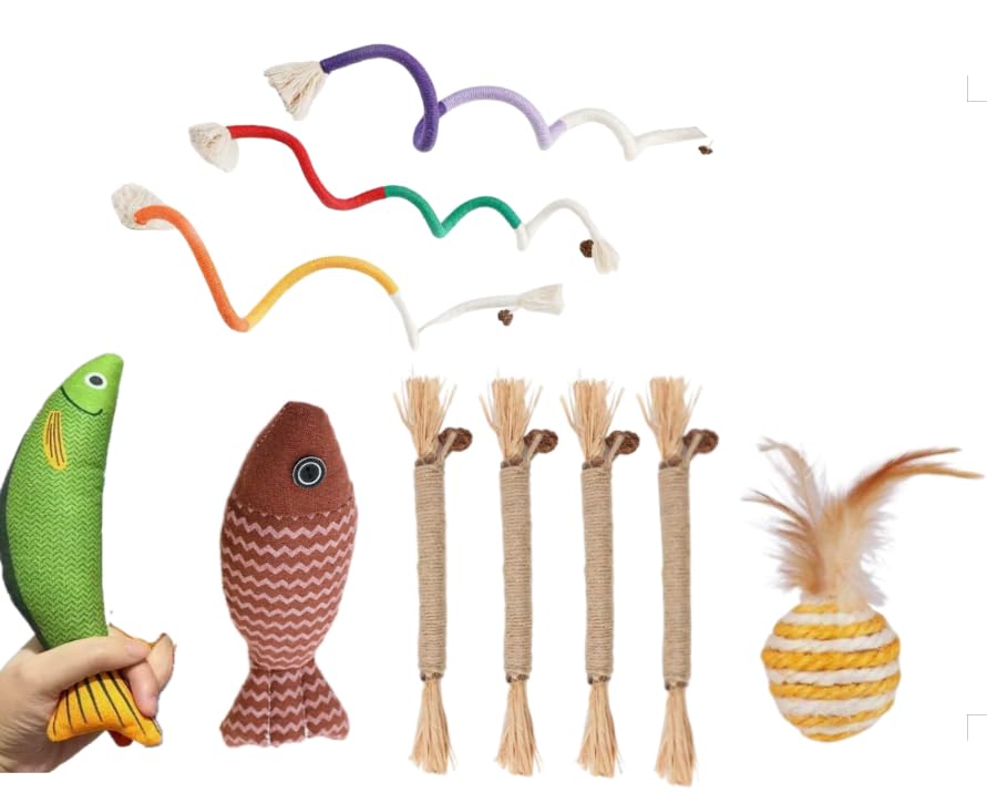 MQWDGJ 10-in-1 Cat Toys Set, Random Colour Catnip Fish, Silvervine Sticks, Sisal Ball & Teaser Ropes for Kittens & Adult Cats | Natural Interactive Chew Toys for Dental Care & Stress Relief