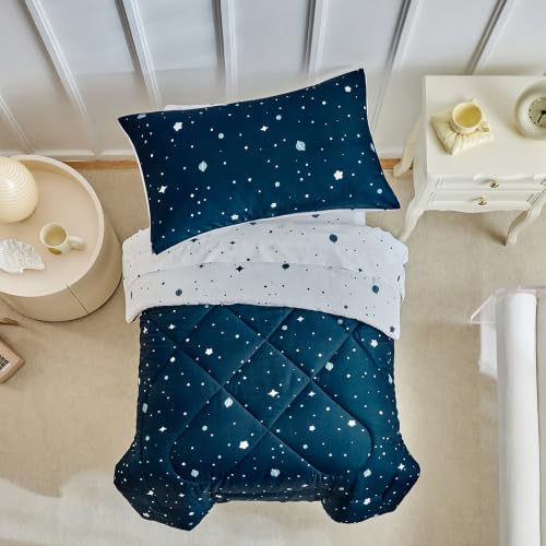 Image of DuShow Star 4 Pieces Boys Toddler Bed Comforter Set Dark Blue Reversible Toddler Bedding Set Soft Baby Crib Bed Sheets Set in a Bag | Include Quilt Comforter,Flat Sheet,Fitted Sheet,Pillowcase