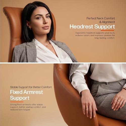 Image of DROGO Calista Ergonomic Office Chair for Work & Home with Premium Vegan Leather | Executive Boss Chair with 5 Cm Seat Depth Adjustment | 3-Point Tilt Recline Lock | Heavy Duty Metal Base (Tan)