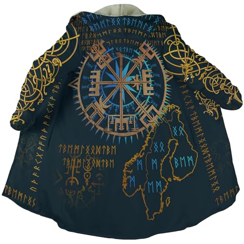 Viking 3D Print Long Jackets for Women Casual Oversized Viking Valaknut Hooded Coat Faux Cashmere Cloak Cape, Peacoat