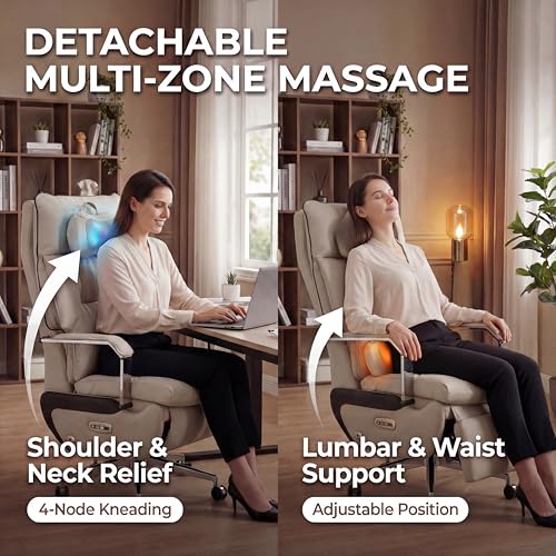 Image of Dual Motor Executive Reclining Office Chair with Footrest - One-Click Electric Recline, Massage Lumbar Support & Pillow, Big and Tall PU Leather Ergonomic Desk Chair for Home Office /Gaming(White)